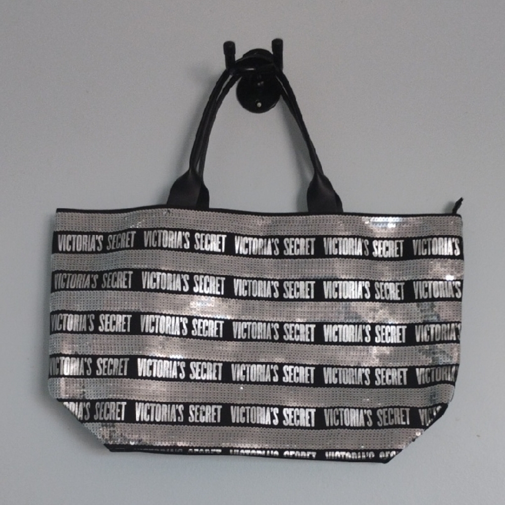 Victoria's Secret Black Canvas and Embelished Silver Sequins Large Modern Tote
